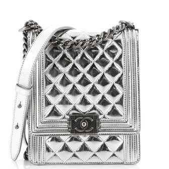 Chanel North South Boy Flap Bag Quilted Metallic Calfskin Small