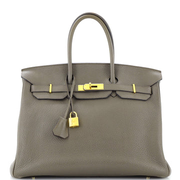 Hermes Birkin Handbag Grey Clemence with Gold Hardware 35