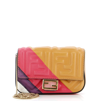 Fendi Chain Baguette Charm Bag Zucca Embossed Leather Nano
