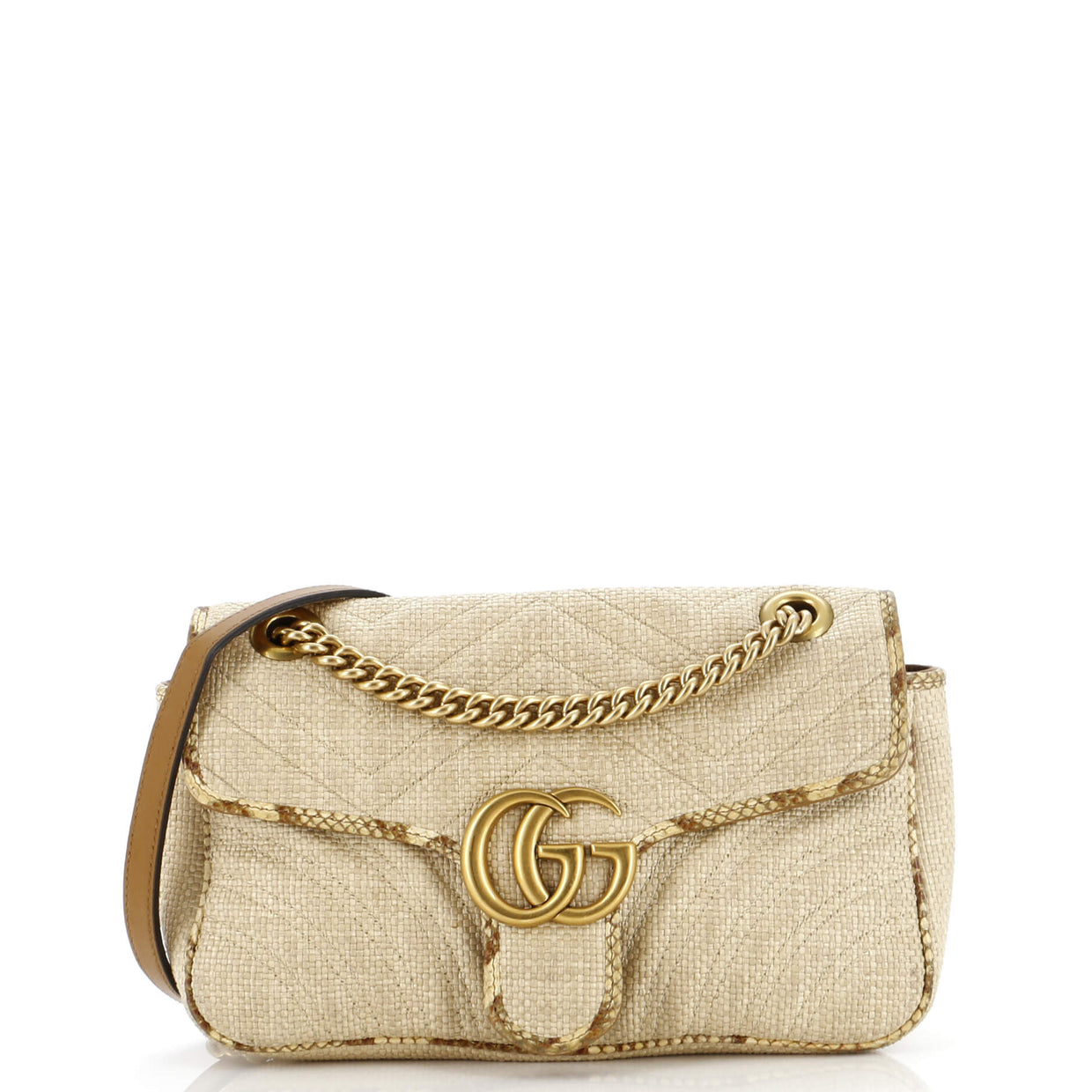 Gucci GG Marmont Flap Bag Matelasse Raffia with Snakeskin Small Neutral ...