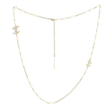 Chanel Twisted CC Long Necklace Metal with Crystals and Faux Pearls