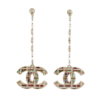 Chanel Tweed Effect CC Chain Drop Earrings Metal and Enamel with Crystals and Faux Pearls