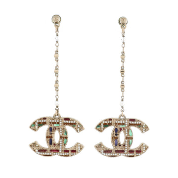 Chanel Tweed Effect CC Chain Drop Earrings Metal and Enamel with Crystals and Faux Pearls