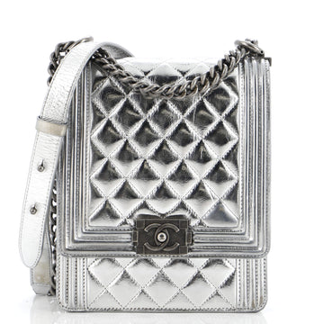 Chanel North South Boy Flap Bag Quilted Metallic Calfskin Small