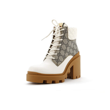 Gucci Women's Lace Up Heeled Ankle Boots GG Coated Canvas with Quilted Leather