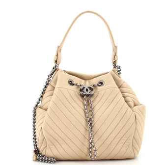 Chanel CC Chain Drawstring Bucket Bag Chevron Sheepskin Medium