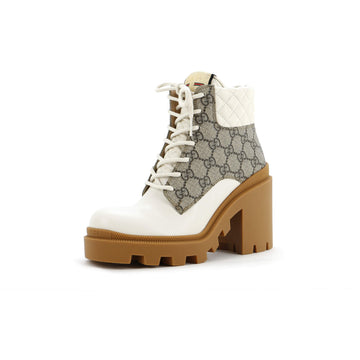 Gucci Women's Lace Up Heeled Ankle Boots GG Coated Canvas with Quilted Leather