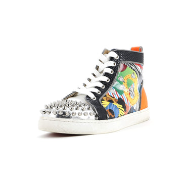 Christian Louboutin Women's Lou Spikes Flat High-Top Sneakers Printed Patent with Embossed Leather