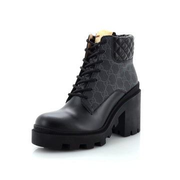 Gucci Women's Lace Up Heeled Ankle Boots GG Coated Canvas with Quilted Leather
