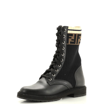 Fendi Women's Rockoko Combat Boots Leather with Knit Stretch Fabric and Zucca Trim