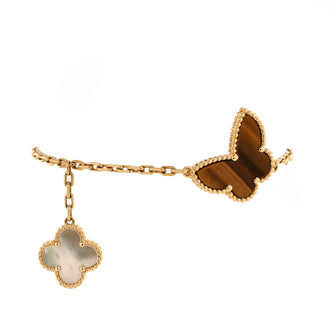 Van Cleef & Arpels Lucky Alhambra 4 Motifs Bracelet 18K Yellow Gold with Carnelian, Malachite, Mother of Pearl and Tiger Eye