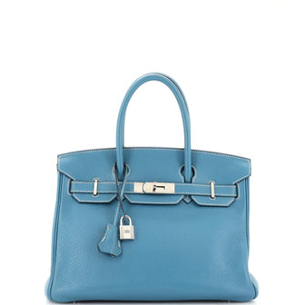 Hermes Birkin Handbag Blue Clemence with Palladium Hardware 30