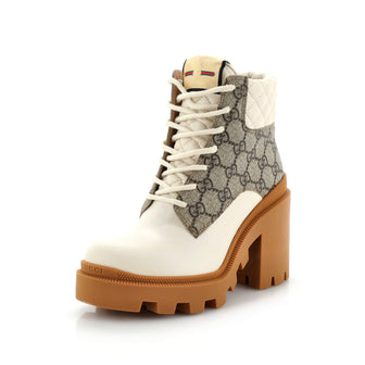 Gucci Women's Lace Up Heeled Ankle Boots GG Coated Canvas with Quilted Leather