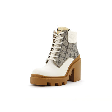 Gucci Women's Lace Up Heeled Ankle Boots GG Coated Canvas with Quilted Leather
