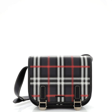 Burberry Double Buckle Flap Messenger Bag Rider Check Coated Canvas Small