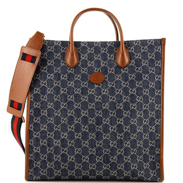 Gucci Interlocking G Patch Web Strap Convertible Tote GG Denim Tall