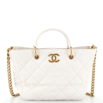 Chanel CC Top Handle Chain Shopping Tote Quilted Lambskin Small