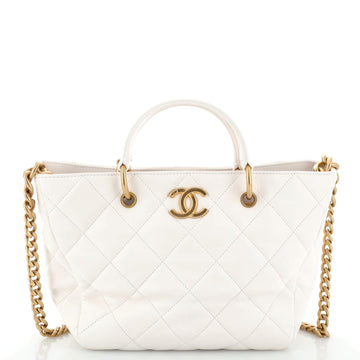 Chanel CC Top Handle Chain Shopping Tote Quilted Lambskin Small