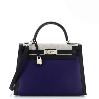 Hermes Kelly Handbag Blue Berline Vache Canvas with Black Swift and Toile with Palladium Hardware 32