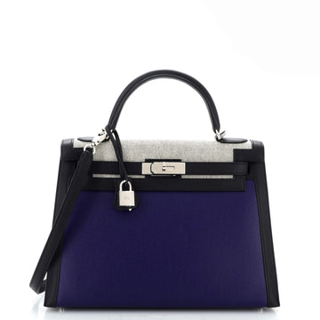 Hermes Kelly Handbag Blue Berline Vache Canvas with Black Swift and Toile with Palladium Hardware 32