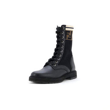 Fendi Women's Rockoko Combat Boots Leather with Knit Stretch Fabric and Zucca Trim
