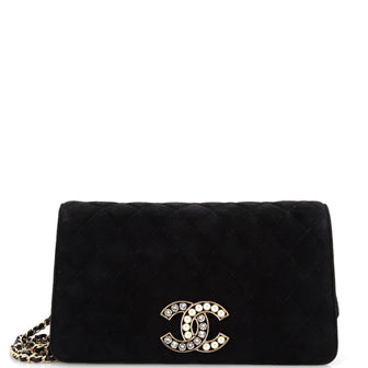 Chanel CC Chain Full Flap Bag Quilted Suede with Faux Pearls and Crystals