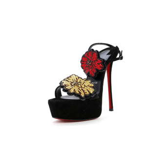 Christian Louboutin Women's Loubi Queen Button Flower Sandals Embellished Suede 150