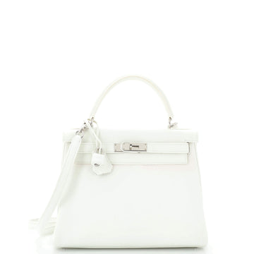 Hermes Kelly Handbag White Clemence with Palladium Hardware 28