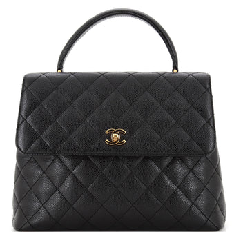 Chanel Vintage Classic Top Handle Flap Bag Quilted Caviar Jumbo