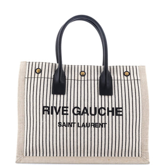 Saint Laurent Rive Gauche Shopper Tote Striped Canvas Small