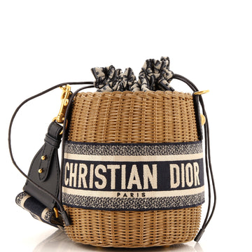 Christian Dior Drawstring Bucket Bag Wicker with Oblique Canvas