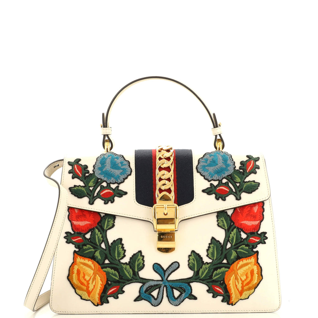 Gucci Sylvie Top Handle Bag Embroidered Leather Medium Multicolor