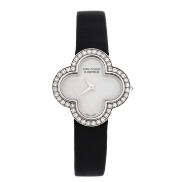 Van Cleef & Arpels Alhambra Quartz Watch White Gold and Satin with Diamond Bezel and Mother of Pearl 26