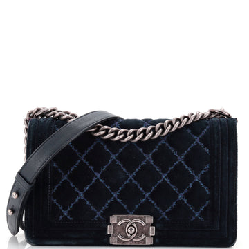 Chanel Boy Flap Bag Stitched Quilted Velvet Old Medium