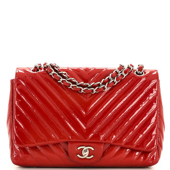 Chanel Classic Single Flap Bag Chevron Patent Jumbo