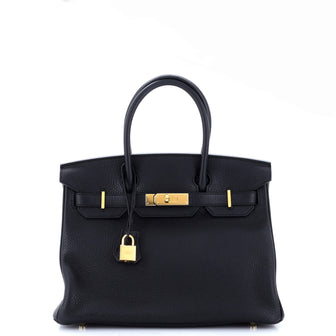 Hermes Birkin Handbag Black Clemence with Gold Hardware 30