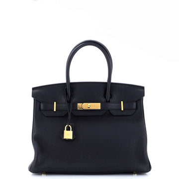 Hermes Birkin Handbag Black Clemence with Gold Hardware 30