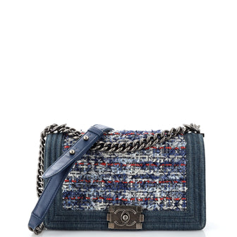 Chanel Boy Flap Bag Quilted Tweed With Denim Old Medium