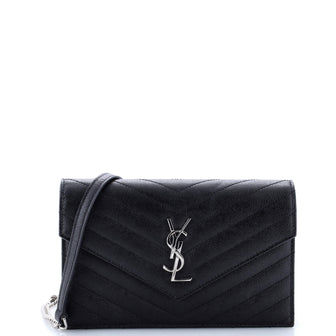 Saint Laurent Classic Monogram Wallet on Chain Matelasse Chevron Metallic Leather Small