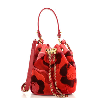 Chanel Camellia Drawstring Bucket Bag Velvet with Leather