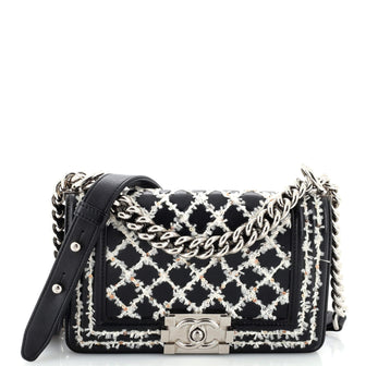 Chanel Boy Flap Bag Lambskin with Quilted Tweed and Sequins Small
