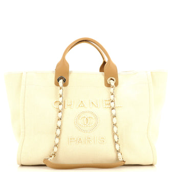 Chanel Deauville Tote Pearl Embellished Canvas Medium