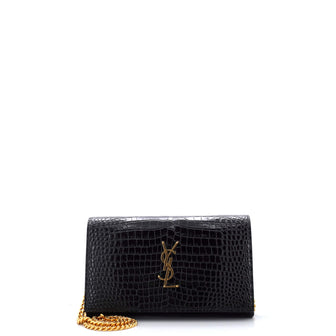 Saint Laurent Classic Monogram Wallet on Chain Crocodile Embossed Leather