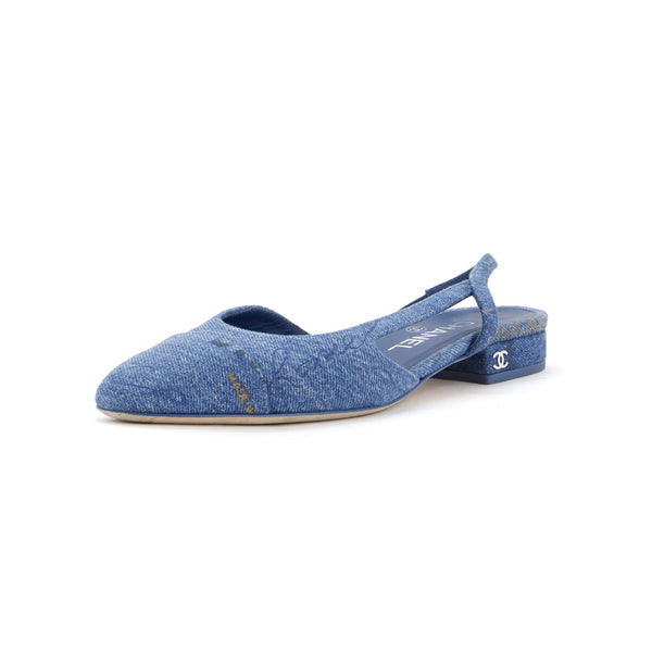 CHANEL カメリアフラットシューズ ネイビー　361/2 Chanel Women's Denim Mood Cap Toe Slingback Flats Logo Printed