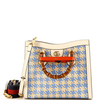 Gucci Diana NM Bamboo Handle Tote Houndstooth Raffia Small