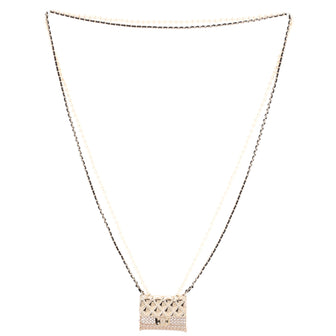Chanel Flap Bag Pendant Long Necklace Quilted Metal with Lambskin and Faux Pearls