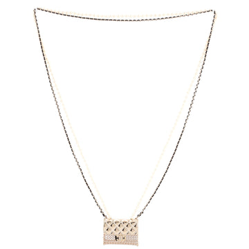 Chanel Flap Bag Pendant Long Necklace Quilted Metal with Lambskin and Faux Pearls