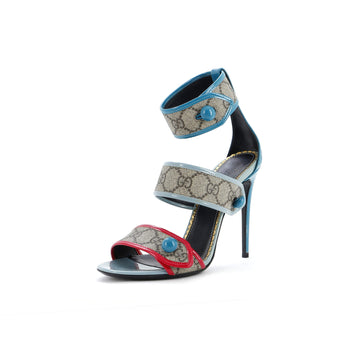 Gucci Women's Buttoned Strappy Heeled Sandals GG Coated Canvas with Patent