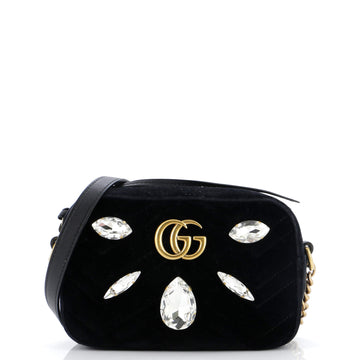 Gucci GG Marmont Shoulder Bag Crystal Embellished Matelasse Velvet Mini