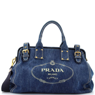 Prada Logo Buckle Frame Satchel Denim Large